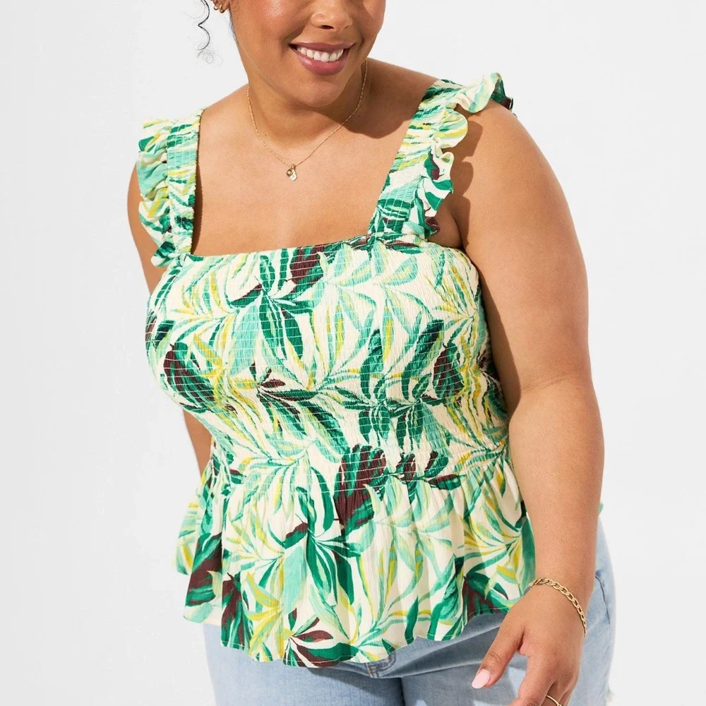 Torrid Top 4X Gauze Tank Shirt Smocked Peplum Ruffle Tropical Tee Plus Size NWT_2